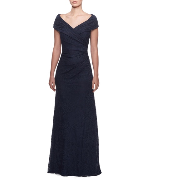 NEW LA FEMME Navy PORTRAIT NECK Ruched Waist SPARKLE LACE Trumpet EVENING GOWN 8 - Picture 8 of 16